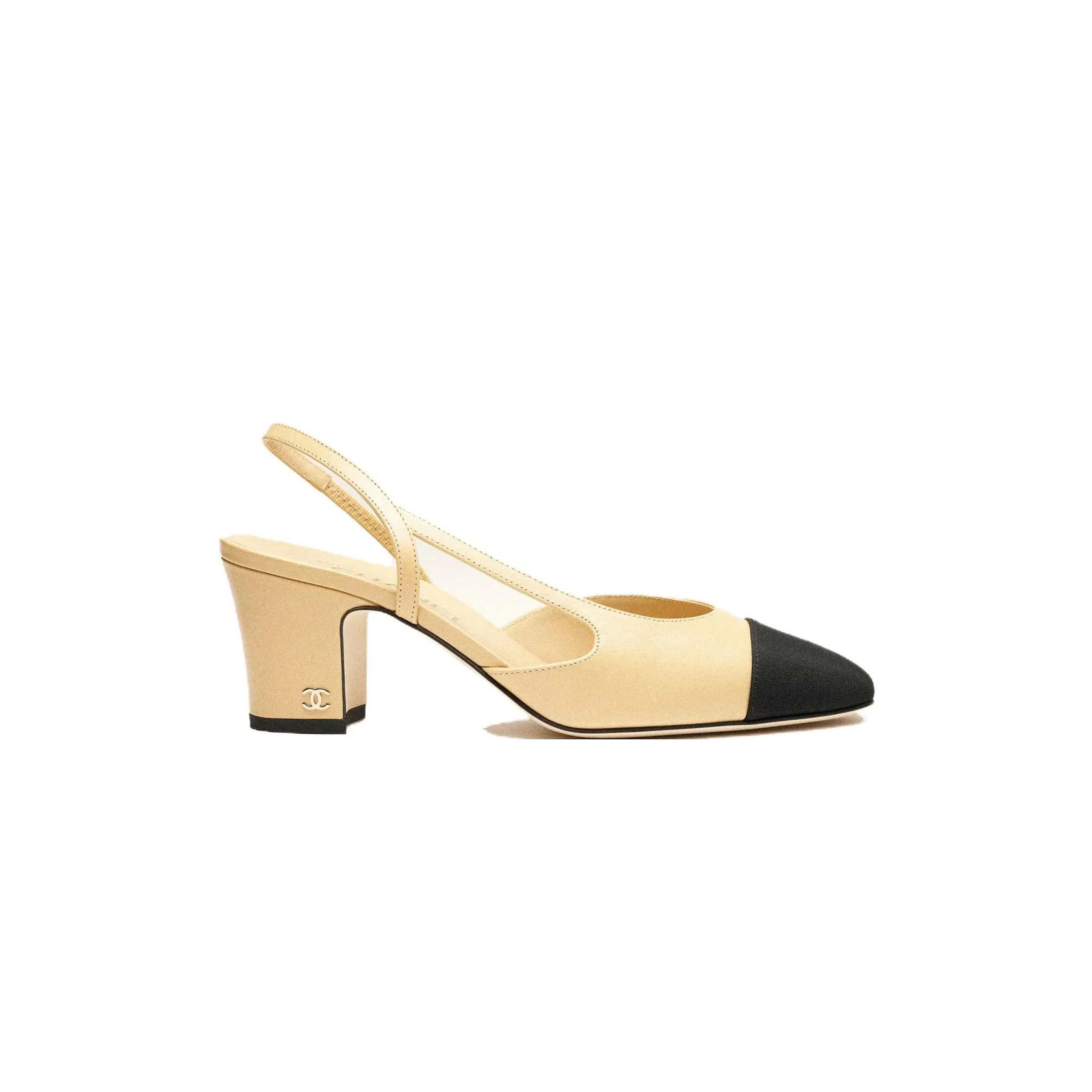 CHANEL SLINGBACKS GOATSKIN & GROSGRAIN BEIGE & BLACK G31318 Y50006 C8378 